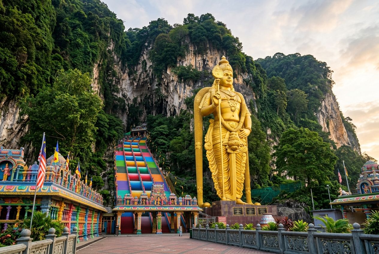 The massive golden statue of Lord Murugan and colourful steps at Batu Caves. The massive golden statue of Lord Murugan and colourful steps at Batu Caves.
