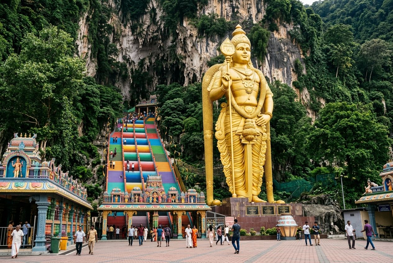 Editorial photograph of the massive golden Lord Murugan statue and the colourful steps at Batu Caves. Editorial photograph of the massive golden Lord Murugan statue and the colourful steps at Batu Caves.