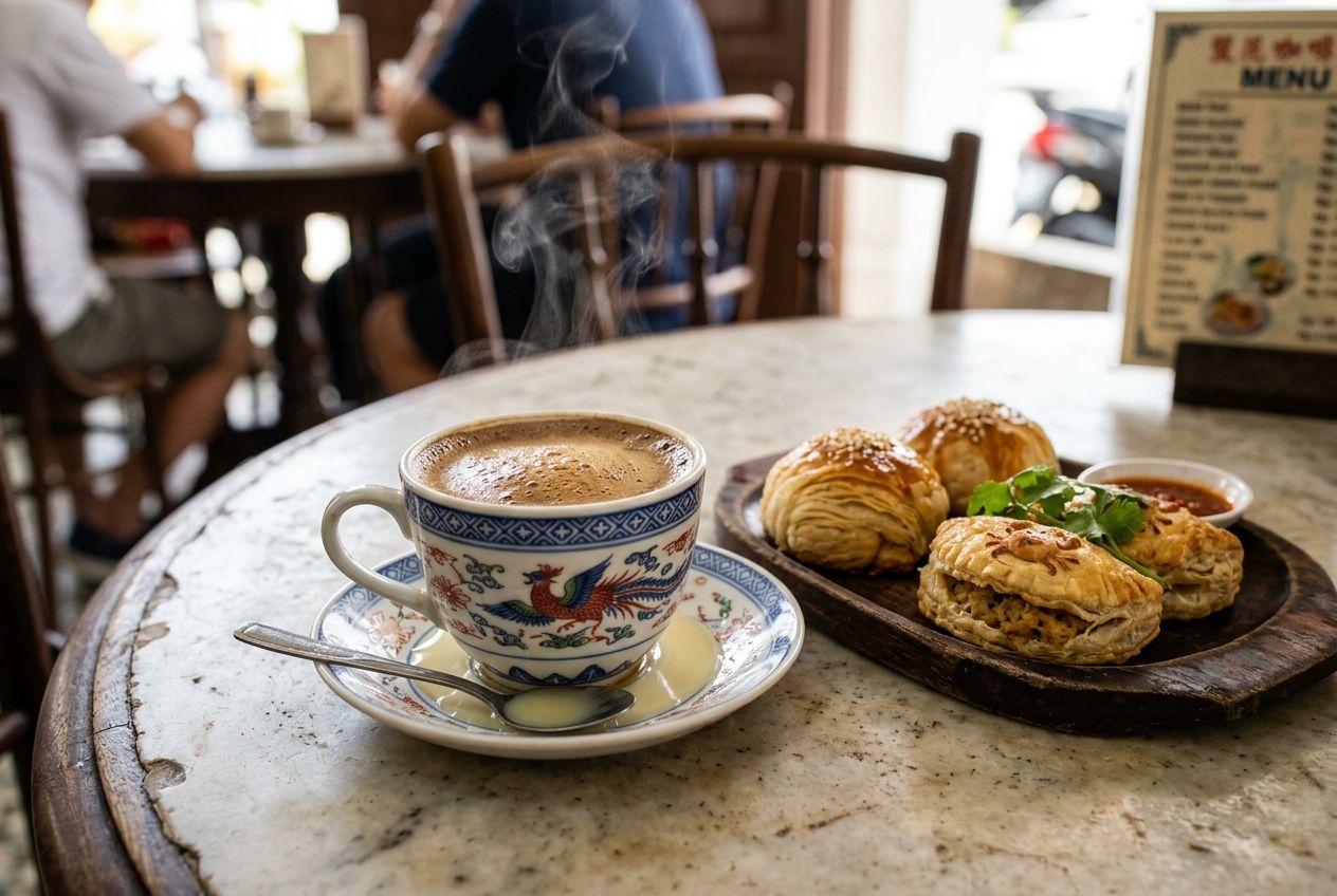 A traditional cup of Ipoh white coffee served alongside local baked goods on a marble table. A traditional cup of Ipoh white coffee served alongside local baked goods on a marble table.