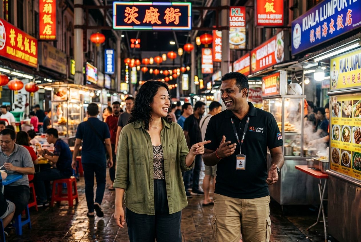 A traveller exploring a vibrant night market with a local tour guide in Kuala Lumpur. A traveller exploring a vibrant night market with a local tour guide in Kuala Lumpur.