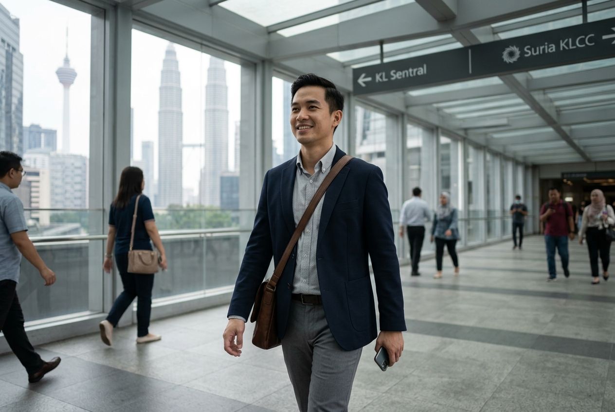 A traveller walking comfortably through a covered pedestrian walkway in Kuala Lumpur. A traveller walking comfortably through a covered pedestrian walkway in Kuala Lumpur.